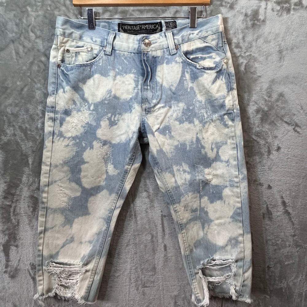 Heritage America Men Distressed Acid Wash Jeans Cloud Print Ripped Denim 34x20